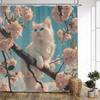 1Pc Fluffy White Cat Cherry Blossom Shower Curtain - Blue Eyes, Pink Flowers, Realistic Tree Branch Design, Polyester With