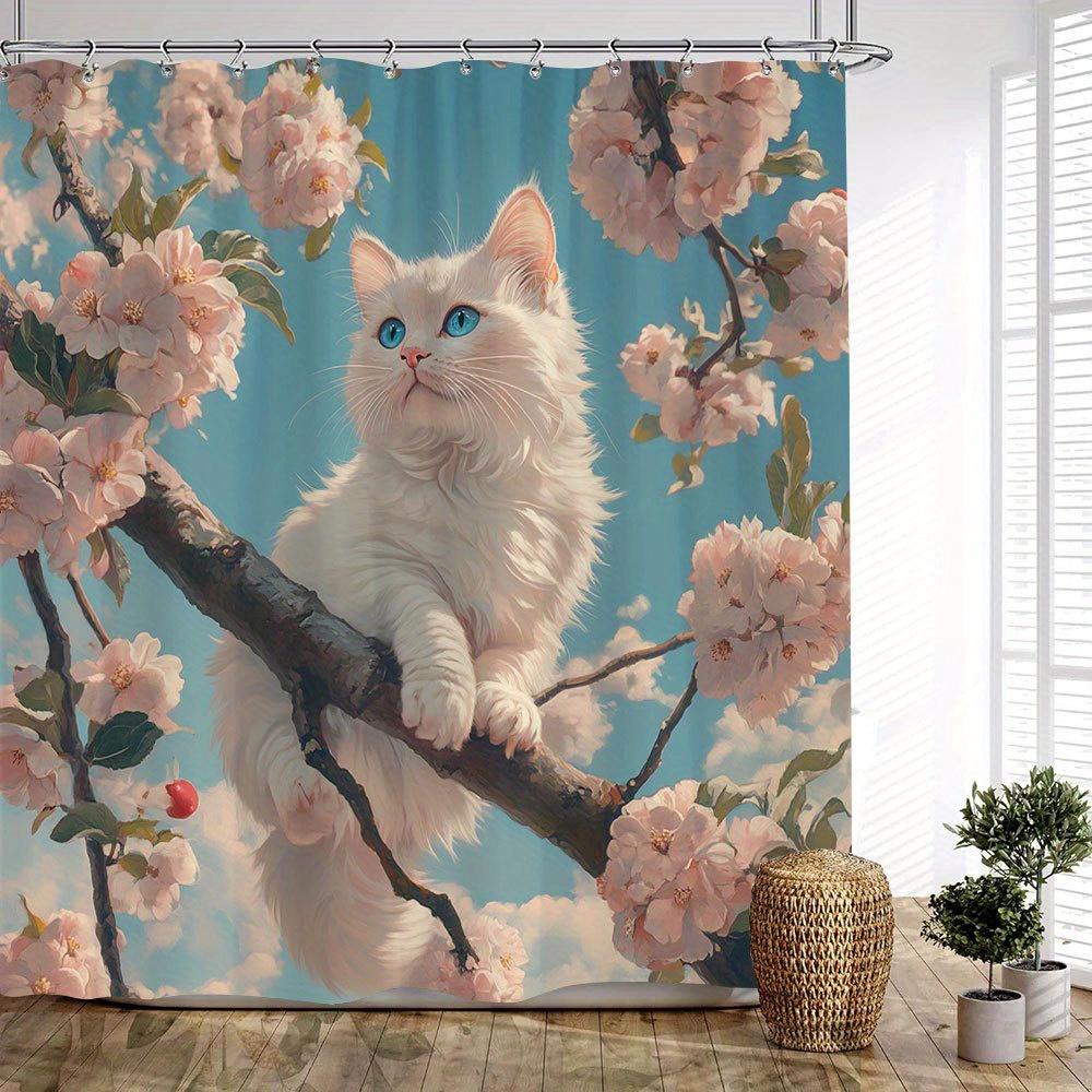1Pc Fluffy White Cat Cherry Blossom Shower Curtain - Blue Eyes, Pink Flowers, Realistic Tree Branch Design, Polyester With