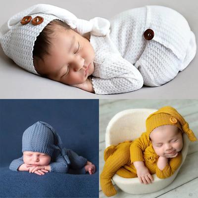 Pasgeboren Baby Fotografie Prop Footed Romper Button Overalls Hoed Set