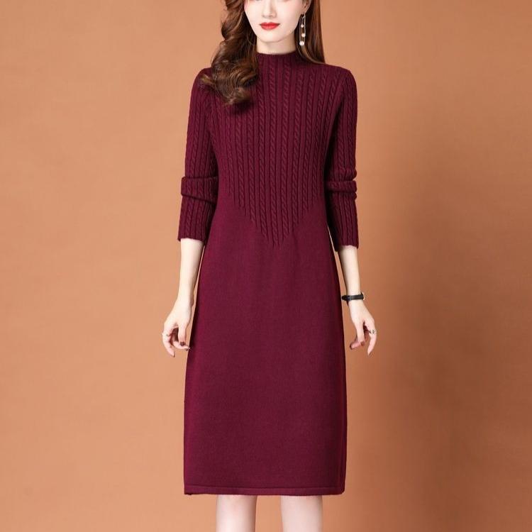 Strikket kjole med halv høy hals for kvinners høst- og vinterdekorasjon Ensfarvet genser-kjole Langermet hverdagskjole