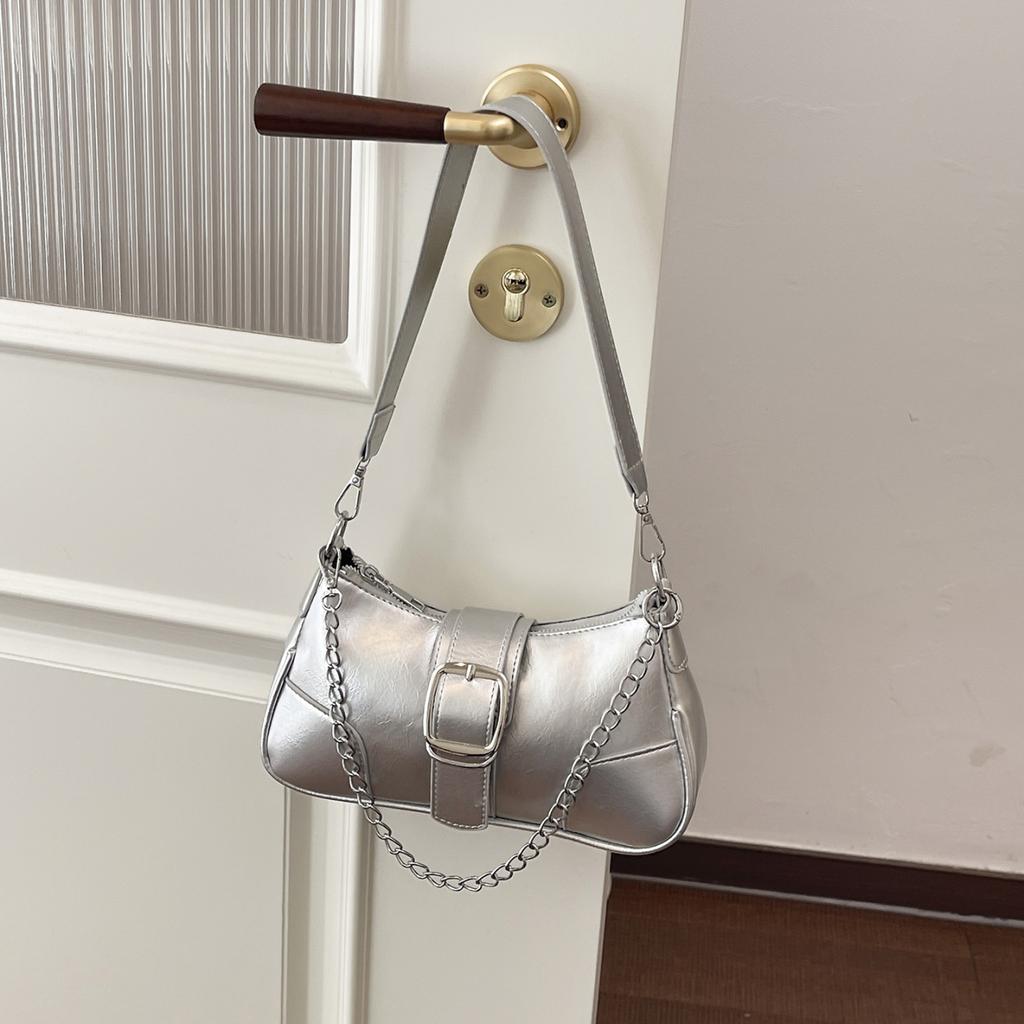 Silver Shoulder Bag Chain Handbag Fashion Bag Solid Color Pu Leather Ladies Bag French Style Underarm Shopper Purse Black Bolsos
