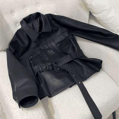 Lapel Waist Leather Jacket Women's Short Spring New Small Pu Leather Jacket Top