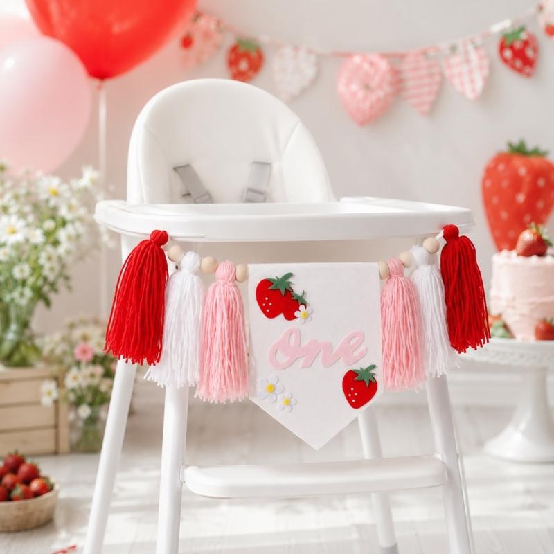 Pink White Birthday Chair Piece for Baby Photo Time, First Birthday Fabric Trim Cloth with Sweet Fruit Theme Today