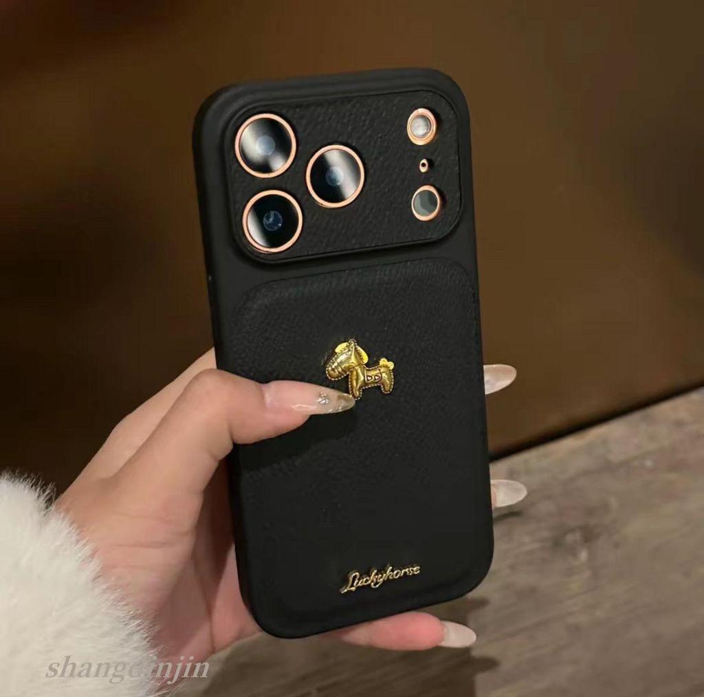 Coque pour iPhone 13/14/15/16/17 Pro Max Texture Cuir Rétro Motif Cheval