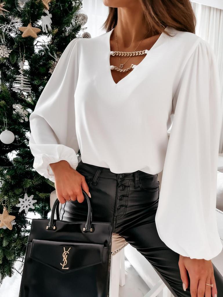 2023 Women's Solid Casual V-Neck Shirt with Metal Decoration - European and American Style