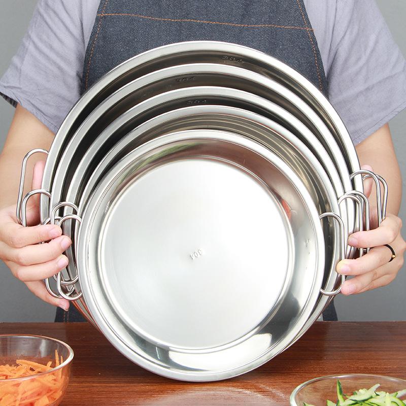 Runde serveringsfat i rustfritt stål for mat, kalde nudler, dampet brett, servise, kjøkkenpanne med håndtak