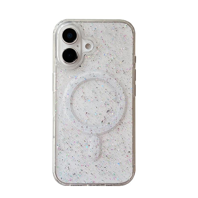 Applicable to Apple 16Promax transparent glitter star 17 sequin magnetic mobile phone case Iphone15 Epoxy soft case