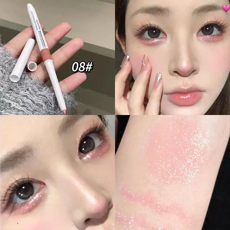 Soft and Atmospheric Eyeliners! Double-Ended Aegyo-Sal Eyeshadow Pen with Brightening Pearlescent Waterproof Matte Finish In Pink-Brown for Women