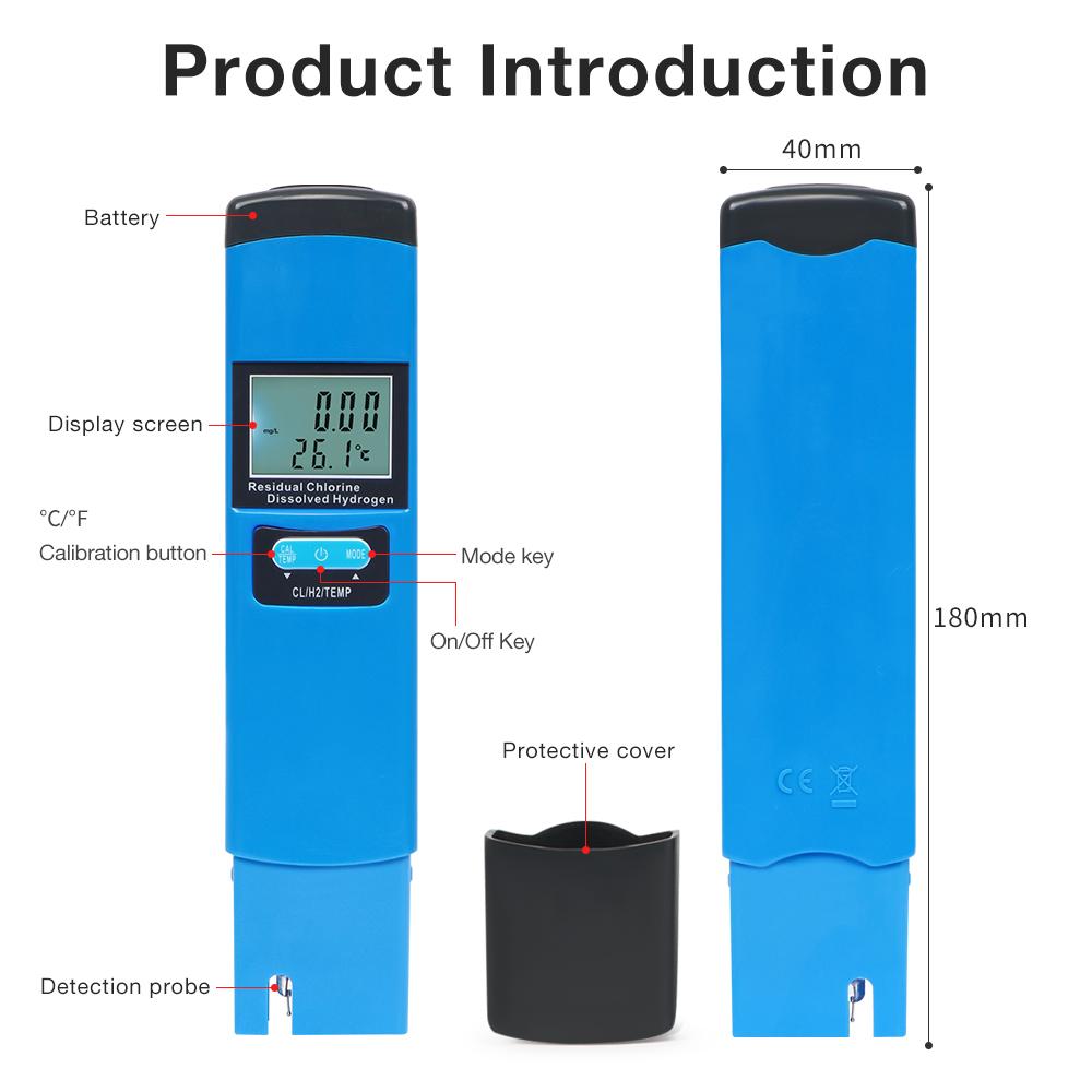 H2/ORP/Temp/Cl2 Meter Optional Digital Water Quality Tester High Accuracy Chlorine Hydrogen Tester for Drinking Water Pool