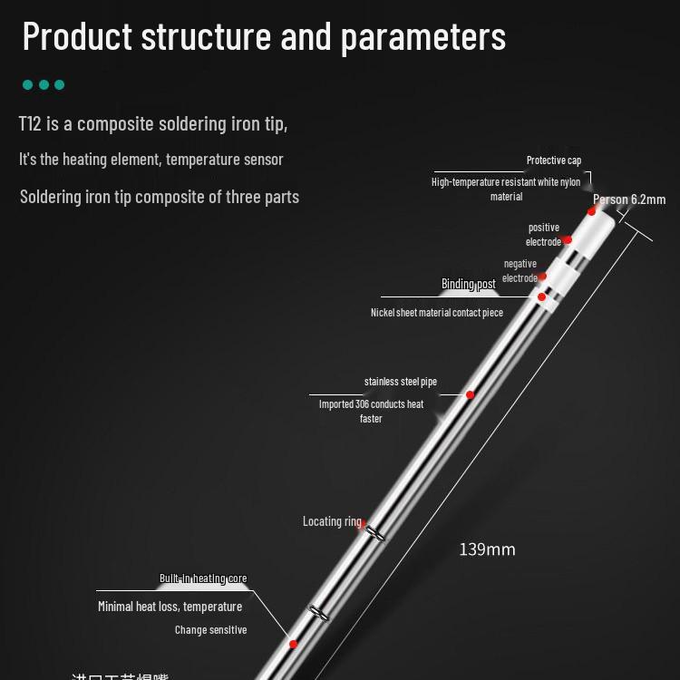 T12 Pointed Soldering Iron Tip - Integrated External Heat, Hanqi Accessories