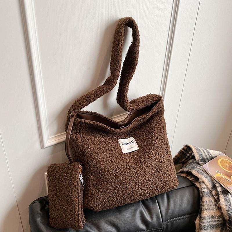 Retro Damen Lammwolle Handtasche Herbst Winter Neu Große Kapazität Plüsch Eine Schultertaschen Lässig Vielseitige Tragetasche Kleine Geldbörse