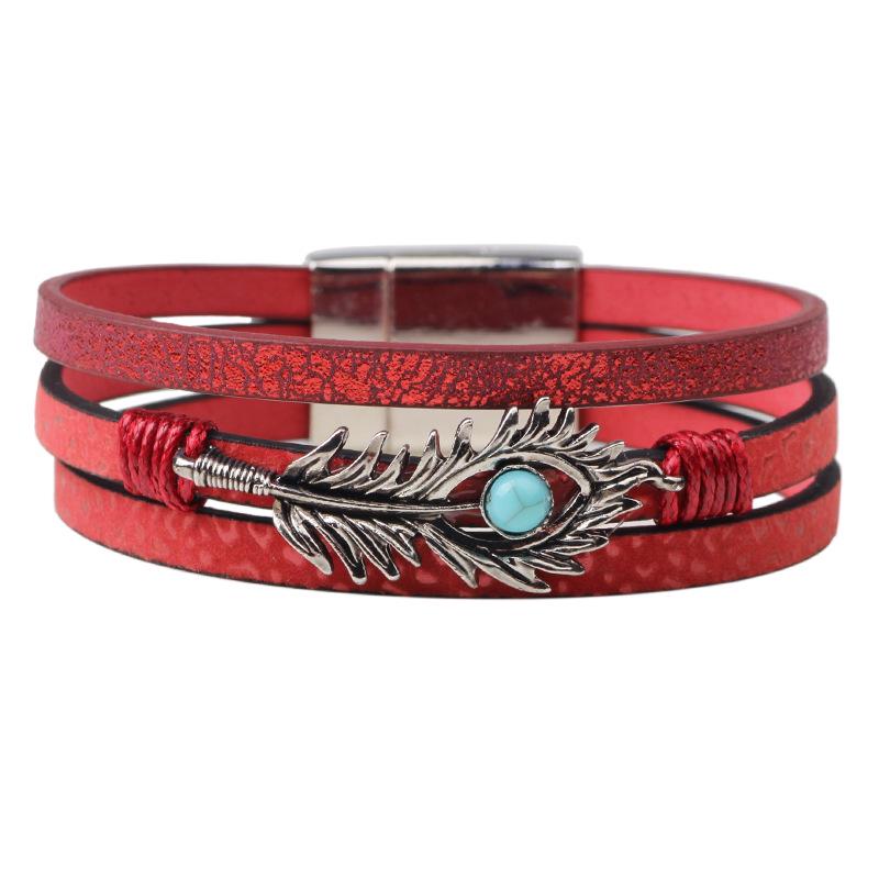 Qi Nuo Multi-Layer Leather Bracelet with Buckle and Feather Charm