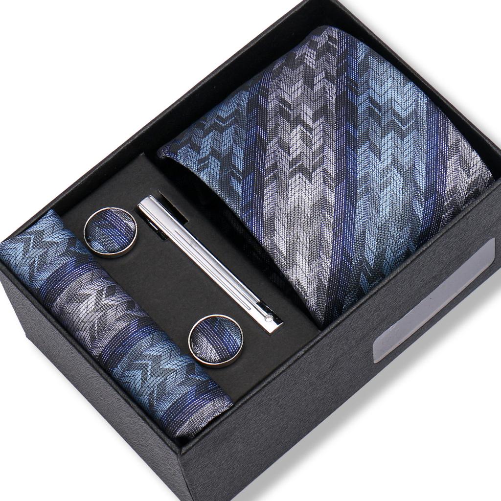 Ensemble Cadeau Boîte Pochette de Costume pour Homme Cravate Rayée Polyester Mode Premium Mariage Affaires