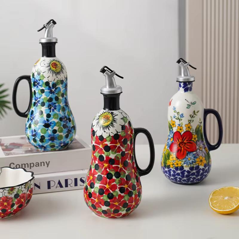 Flowers Plants Ceramic Olive Oil Bottle Soy Sauce Vinegar Multifunctional Kitchen Seasoning Drainage Bottle Kitchen Accessories