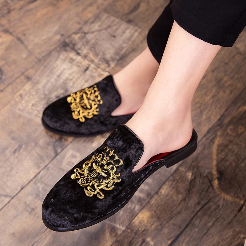 Men s Summer Casual Embroidered Leather Slip-on Mules 42