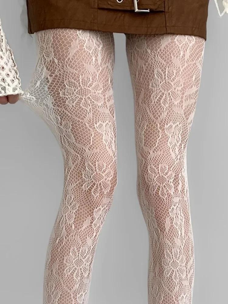 Floral Pattern Coffee Fishnet Pantyhose Women Sexy Brown Hollow Out Mesh Tights Lolita Nylon Plus Size Transparent Stockings