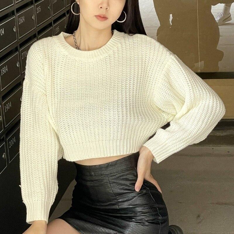 Loose Sexy Sweater Fashion Women Casual Sweater Autumn And Winter O-neck Long-sleeve Pullover Short Tops Elegant Shirt 28481