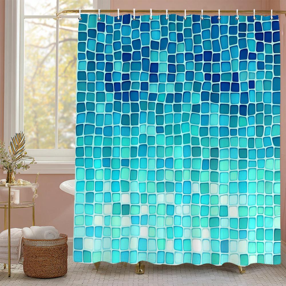 Moderner einfacher Mosaik-Duschvorhang, Blau karierter Duschvorhang für das Badezimmer, Wasserdichter Duschvorhang mit Haken