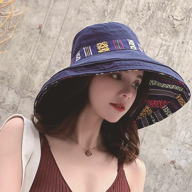 Sonnenschutz UV-Schutz Sonnenschirmhut Ethno-Stil Retro-Hut mit Kordelzug Damen Outdoor Sonnenschutz Schatten Wanderhut Doppelseitiger Fischerhut