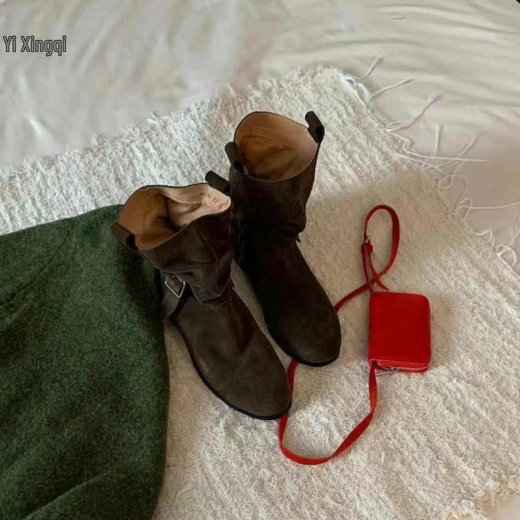 Vintage Cowhide Wrinkled Slouch Ankle Boots - Korean Style Western Cowboy Riding Boots for Women