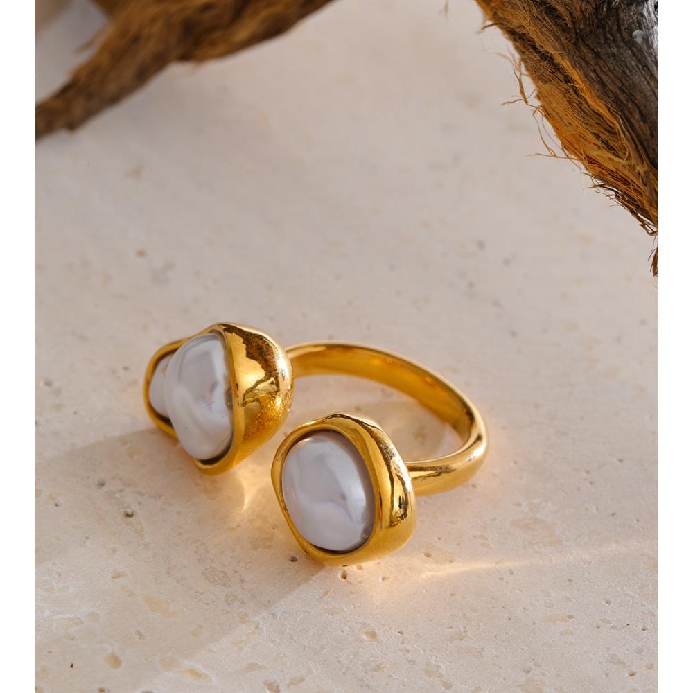 Yhpup Popular Baroque Imitation Pearls Golden PVD Open Ring Women Stainless Steel Rust Resistant Fashion Cast Finger Jewelry