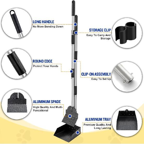 Dog Pooper Scooper,Tray and Spade Set Poop Scooper for Dogs, Adjustable Long Handle Metal Pooper Scooper with Bin for Pet Waste Removal, No Bending