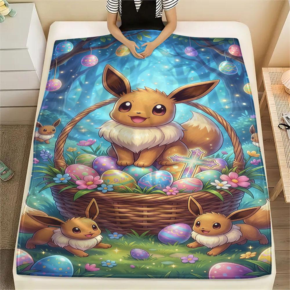 1Pc Easter Pokemon Print Flannel Blanket, High quality Comfortable for All Seasons, Home Decor, Warmth and Comfort, Perfect for Christmas Gifts