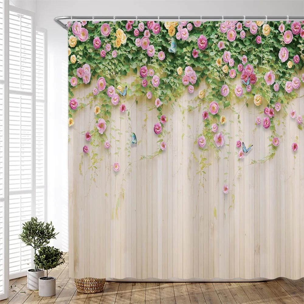 Garden Flower Shower Curtain Plant Floral Birds Leaves Zen Stone Bamboo Forest Painting Bath Accessories Bathroom Decor Curtains