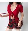 American Spicy Girl Rose Print Mesh High-Waisted Bodycon Mini Skirt for Women