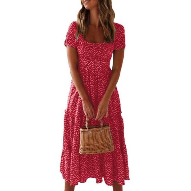 Women Flowy A-line Midi Dress Small Flower Print Patchwork Square Neck Short Bubble Sleeves Pleated Shirring Dating Vacation Dress