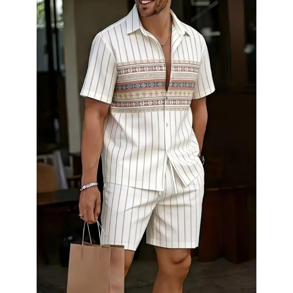 2026 Summer Men Beach Sets Streetwear Short Sleeve Lapel Shirt Printed Shorts Breathable Casual Men Hawaiian Suits 2 Pieces