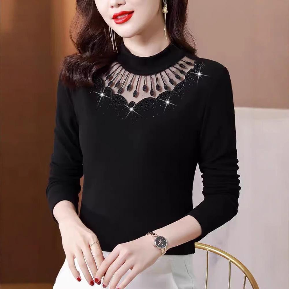 

Немецкая бархатная базовая рубашка женская с чувством дизайна осенне-зимняя с модной рубашкой с длинным рукавом высококачественный кружевной топ M чёрный