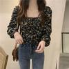 French Floral Square Collar Shirt Female Elegant Design Sense Niche Bubble Sleeve Slim Tops Vintage Pleated Spring Collarbone Blouse