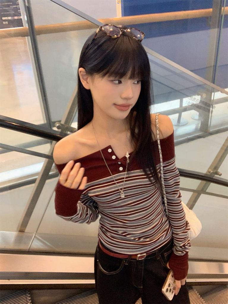 Retro Striped One-Shoulder Patchwork Slim Fit Long Sleeve Women's Top for Autumn 2025