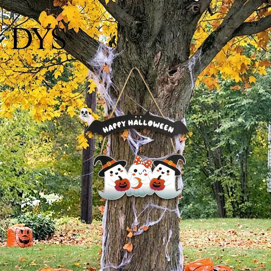 Wooden Ghost Door Decor Happy Halloween Sign, Three Indoor Outdoor Decoration Sign Hanger, Front Wall Hanging Party Supplies