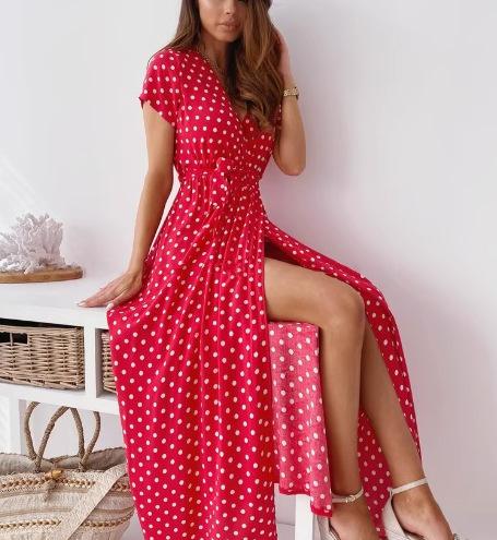Stylish and sexy V-neck polka dot round neck waist split short-sleeved dress Bohemian long dress