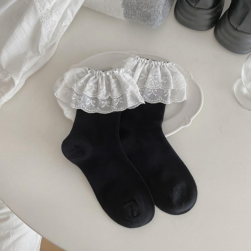 Șosete cu dantelă, Șosete de damă până la mijlocul gambei, Combinație dulce pentru primăvară și toamnă, Pantofi mici din piele, Șosete cu buclă