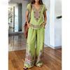 Bohemian Peacock Feather Print Set Women's Retro V-neck Top + Wide-leg Pants Vacation Style Loose Two-piece Set