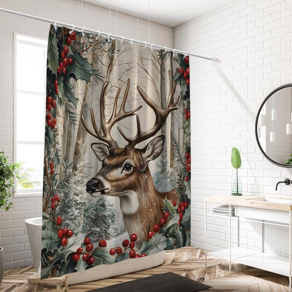 1pc Christmas Reindeer Print Waterproof Shower Partition Privacy Hanging Curtain with 12 Hooks, Multiple Sizes, Machine Washable