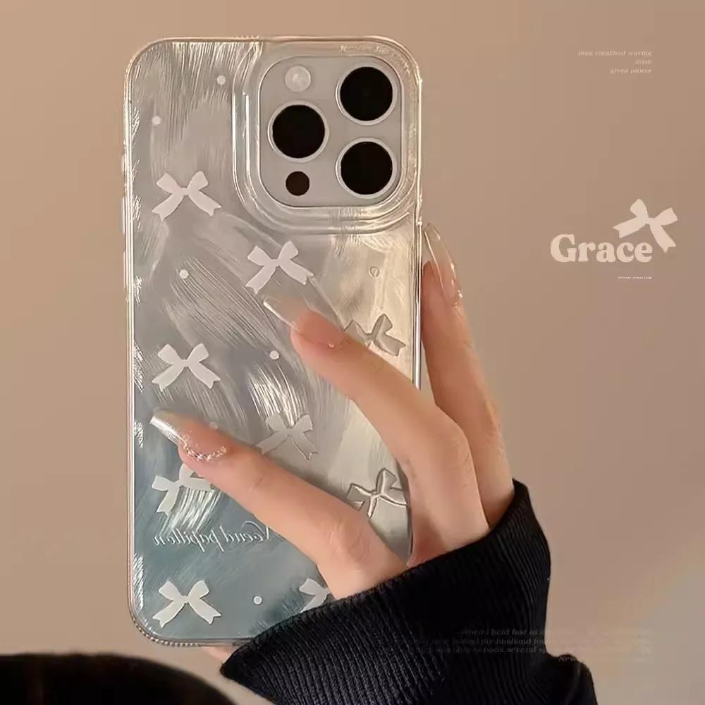 For iPhone 16 Pro Case Luxury Laser Silver Bow Knot Case for iPhone 15 14 13 12 11 Pro Max 16E 7 8 16 Plus SE2 X XS XR Cover
