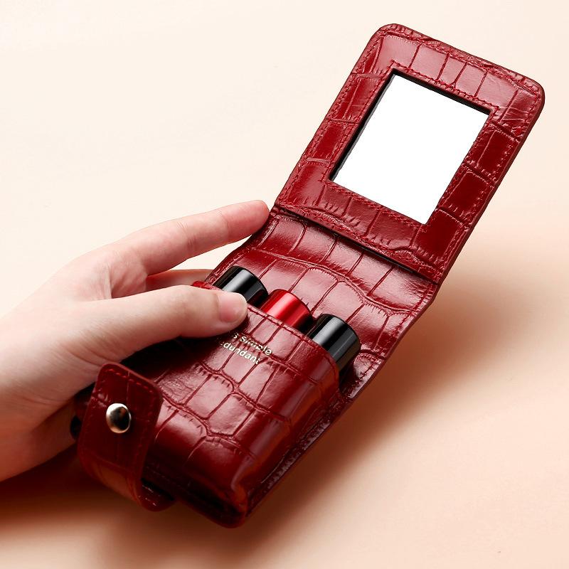 Lipstick Cosmetic Bag with Mirror Women Travel Makeup Bag Crocodile Pattern Pu Mini Toiletry Organizer Pouch Storage Makeup Case