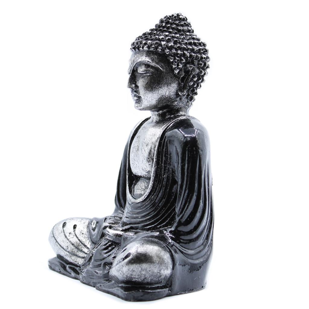 Meditating Buddha Statue Black and Grey Resin Medium