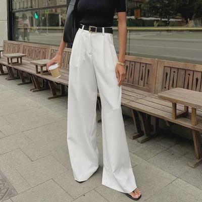 Pantalon Blanc à Taille Haute pour Femme - Style Commuter: Style Européen et Américain, Décontracté Polyvalent, Coupe Ample, Pantalon Long jusqu'au Sol.