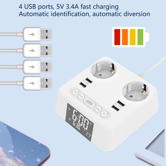 

1 комплект удлинителя 5 В, 3,4 А, 2500 Вт, 4 USB-порта для зарядки, умная USB-штепсельная вилка европейского стандарта с электронными часами, товары для дома