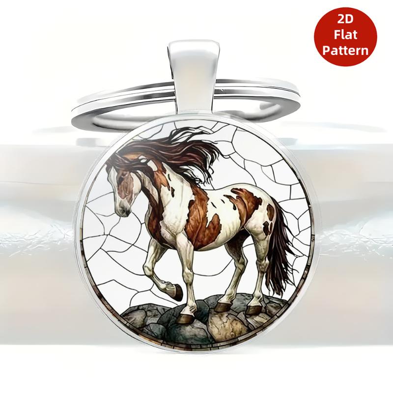 Fashion Vintage Horse Pattern Design Dome Glass Alloy Keychain Backpack Pendant Hanging Decoration Car Keyring Gifts
