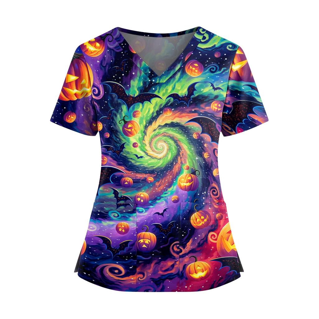Women V Neck Short Sleeve Split Hem Halloween Print Scrub Top with Dual Pockets for Nurse and Caregiver Uniform