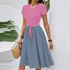 Women's Casual Fashion Belted Striped Printed Short Sleeve Round Neck Elegant Flowing Dress