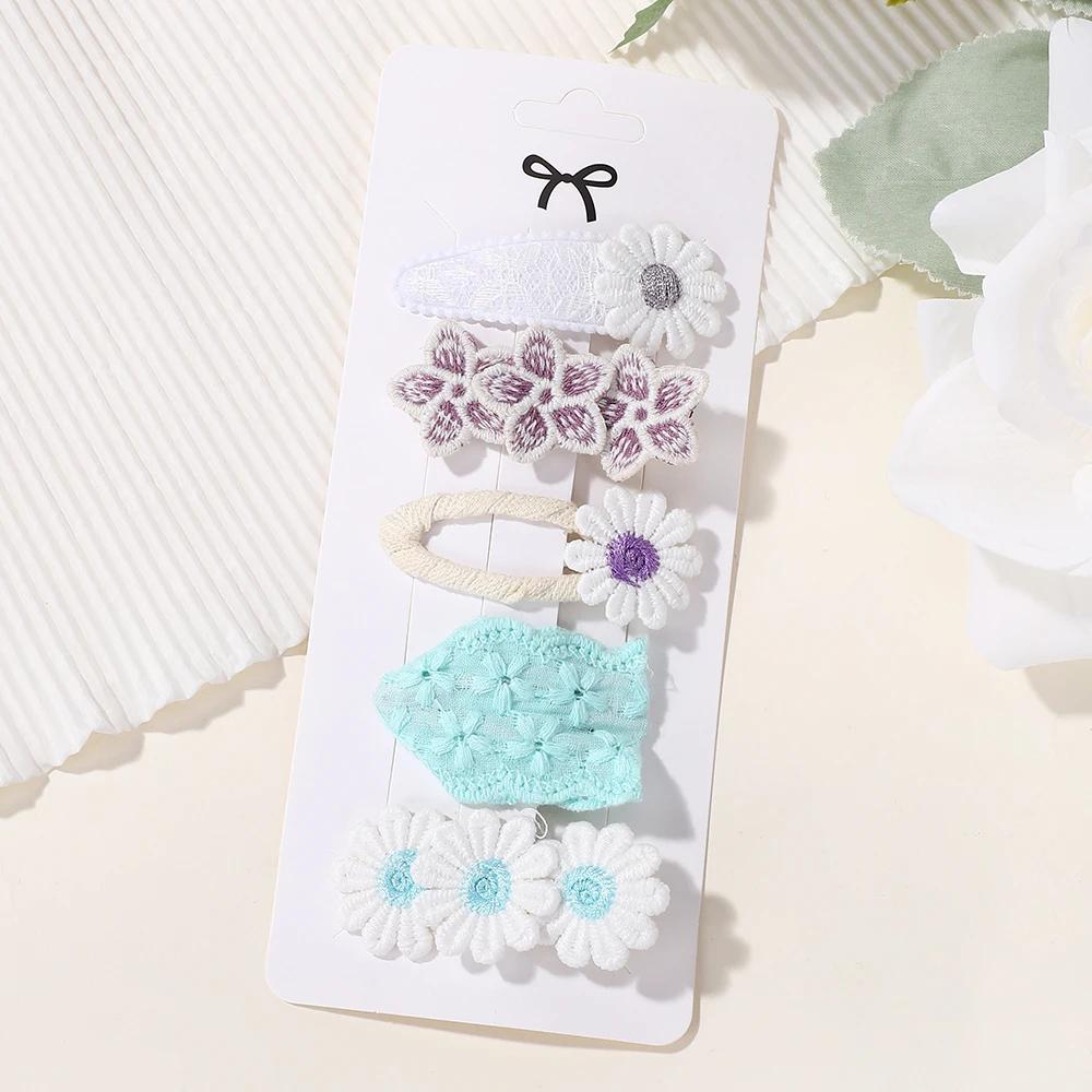 RAINBOW BOWS 5Pcs/Set Girls Boutique Headwear Hair Clip Embroidered Printing Barrette Fresh Daisy Hairpin Kids Hair Accessories