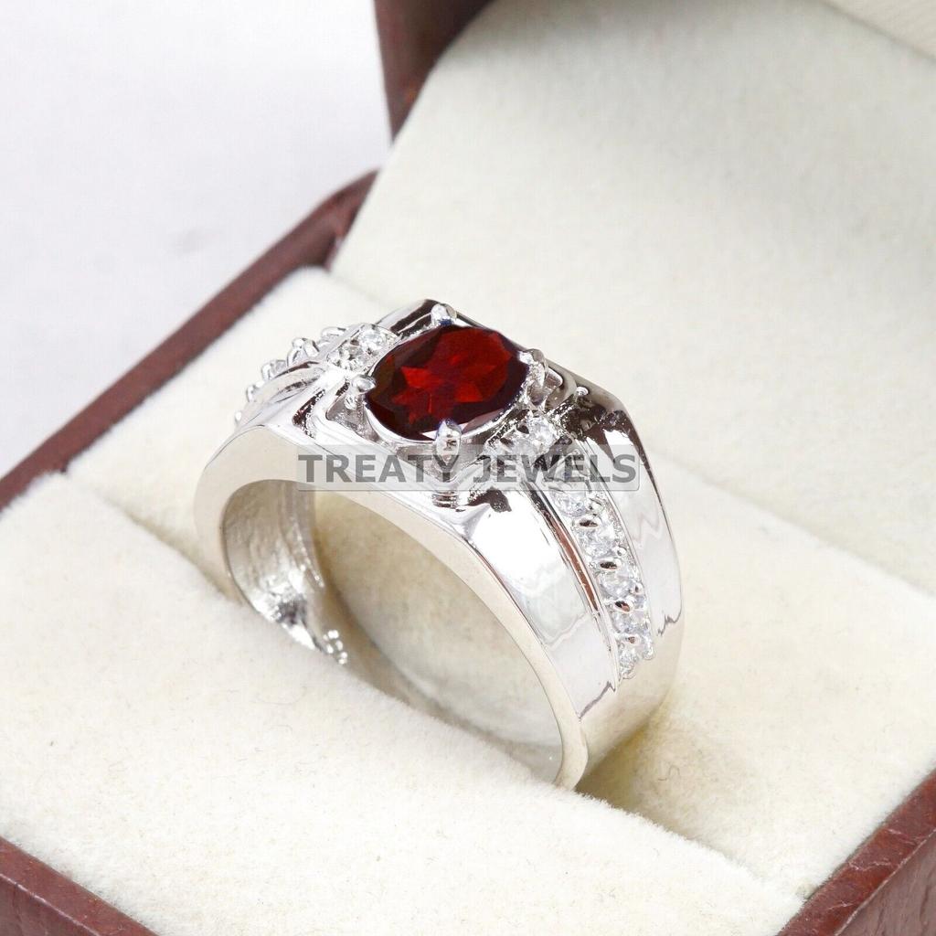 Garnet Oval Cut Gemstone With 925 Sterling Silver Ring For Men's #B101 JL375671440233