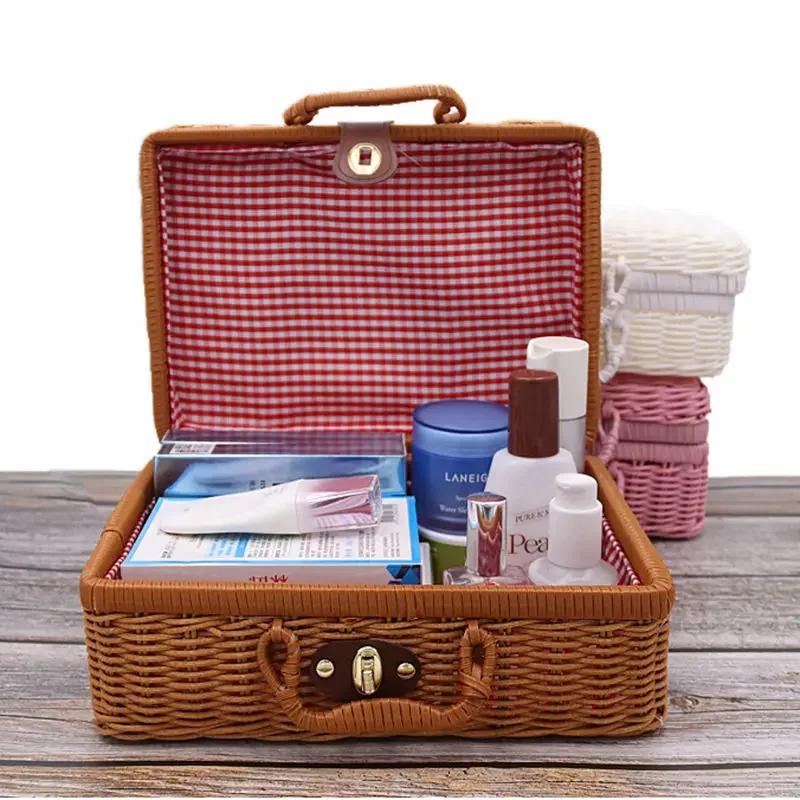 Manual Woven Cosmetic Storage Box Retro Rattan Suitcase with Hand Gift Box Wicker Rattan Picnic Laundry Baskets Home Storage